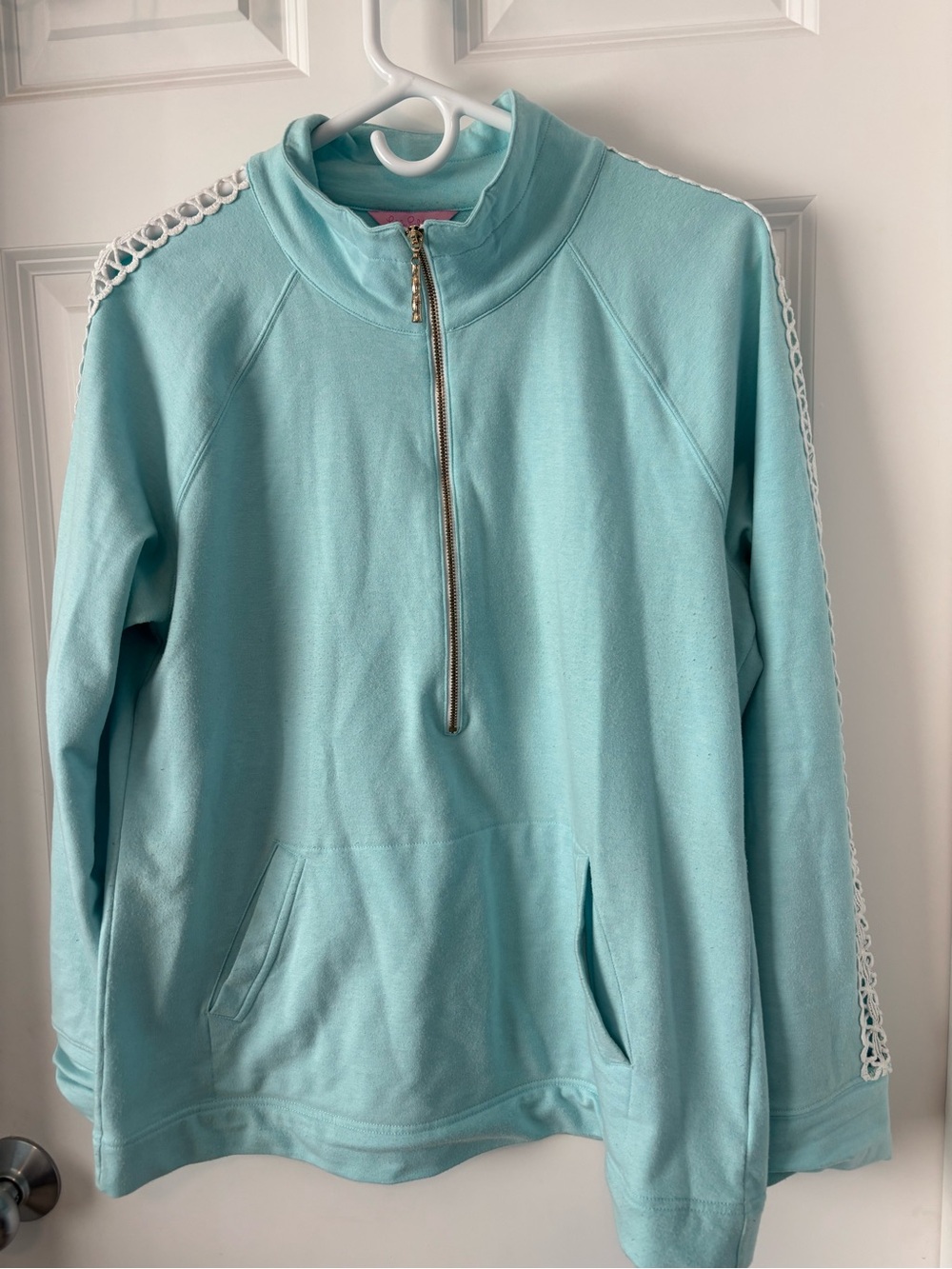 Lilly Pulitzer Skipper Popover Aqua Light Blue Green Crochet Half-Zip Size Large